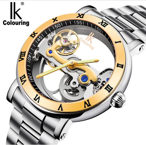 

IK colouring Man Watch 5ATM Waterproof Luxury Transparent Case Stainless Steel Band Male Mechanical Wristwatch Relogio Masculino, Steel silver