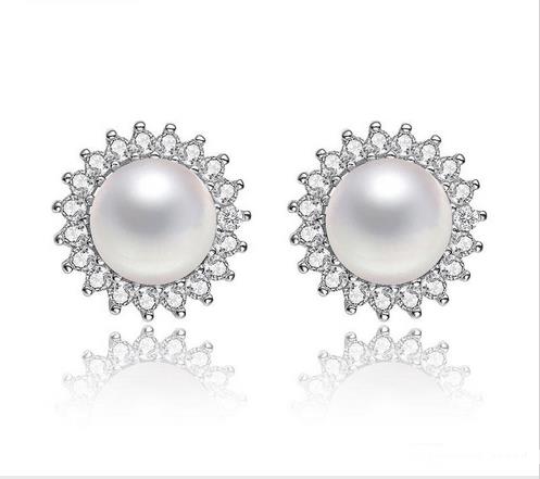 jewelry real natural freshwater 7-8mm pearl earrings white gold plated stud earrings with shinning zircon fashion gift retro pearl-image-387011803