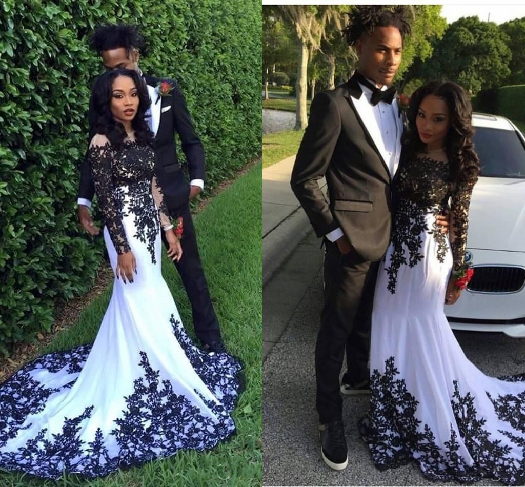 

2018 Elegant Long Sleeves Mermaid Evening Dresses Vestidos De Noiva African Sheer Neck Black Lace Appliques Formal Prom Party Gowns