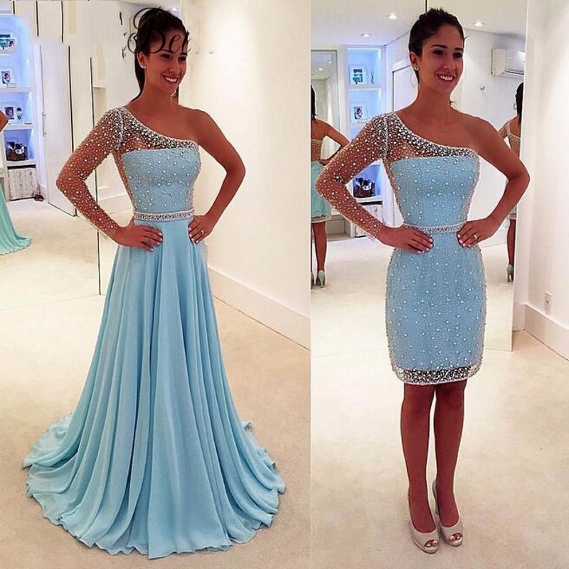 

One Shoulder Detachable Train Prom Dresses with Crystal Beaded Light Sky Blue Chiffon Sheath Formal Evening Party Gowns Vestidos de Festa, Royal blue