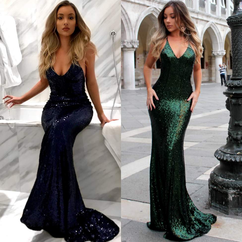

Bling Sequined Backless Prom Dresses V-Neck Mermaid Navy Blue Customized Evening Gowns Floor Length Cheap Party Dress, Green