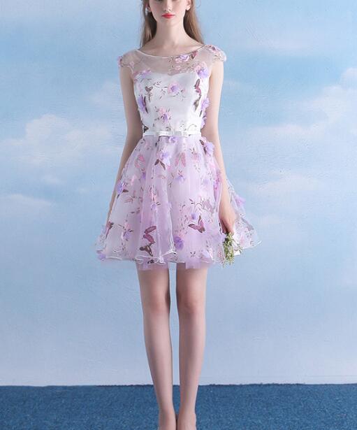 

Butterfly Printed Purple Handmade Flower Short Homecoming Dresses Cap Sleeve 2020 Girls Prom Dress Party Gown vestido curto Custom Size, Same as picture