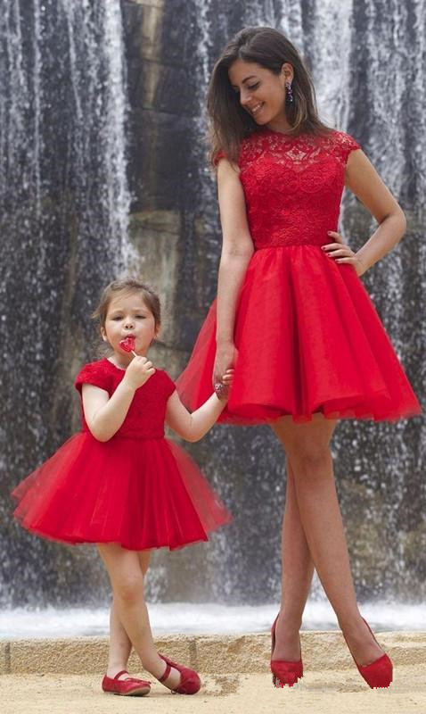 

Fashion Red A Line Short Tulle Flower Girls Dresses 2018 Capped Sleeves Lace Top Mother and Daughter Party Gowns, Royal blue