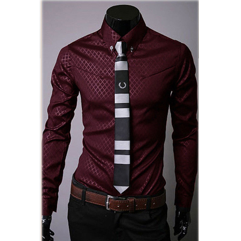 

Wholesale- Fashion Men's Casual Shirts Slim Fit Dress Shirts Long Sleeve Button Tops-448E, White