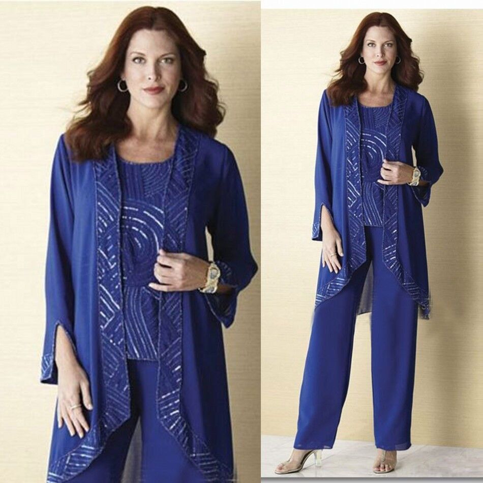 En stock bleu 3 pièces mère de la mariée pantalon costumes bijou décolleté pas cher en mousseline de soie mariage invité robe avec veste robes mè