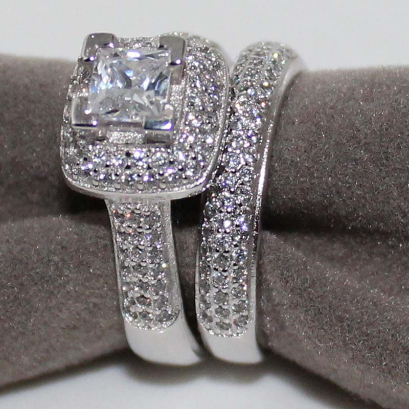 Princess Square Zircon Crystal Wedding Ring Set for Women Vintage K White Gold Plated Filled With Inlay CZ Diamond Party Gift