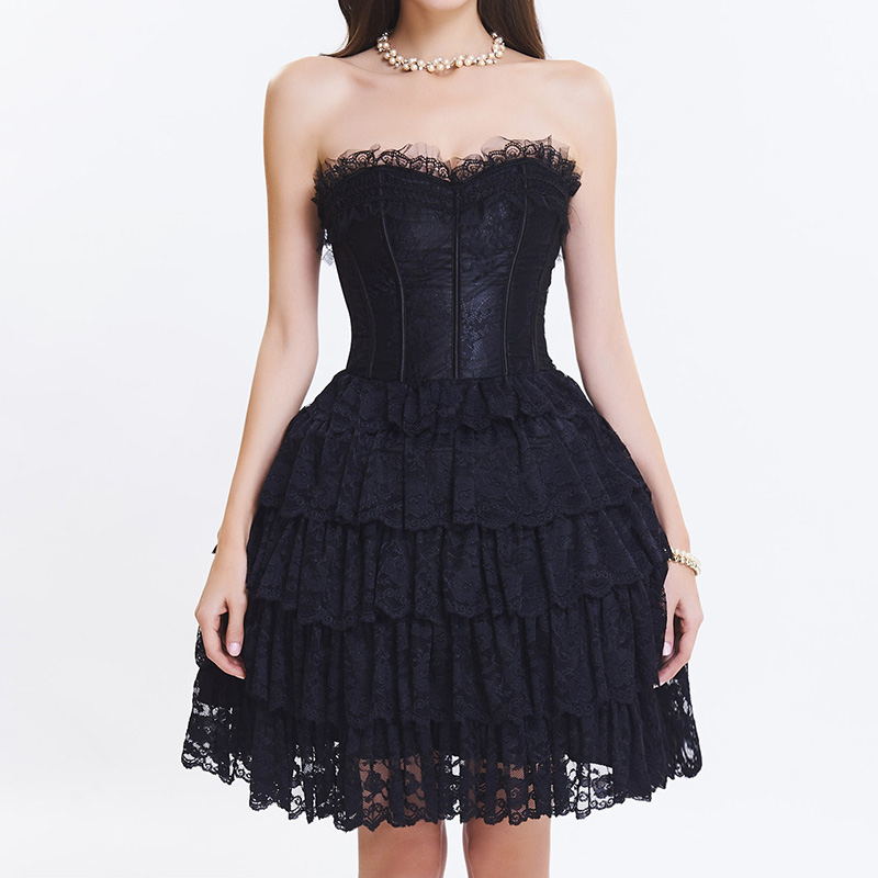 

Victorian Halloween Dancing Parties Corset Dress Fashion Wedding Lace Overlay Contrast Ruffle Layered Ball Gown One Piece Lace up Bridal Corsets Outfit, Dark blue