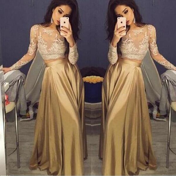 Two Piece Long Sleeve Prom Dresses Simple Scoop Neck A Line Long Formal Dresses For Party Gown Lace Dresses