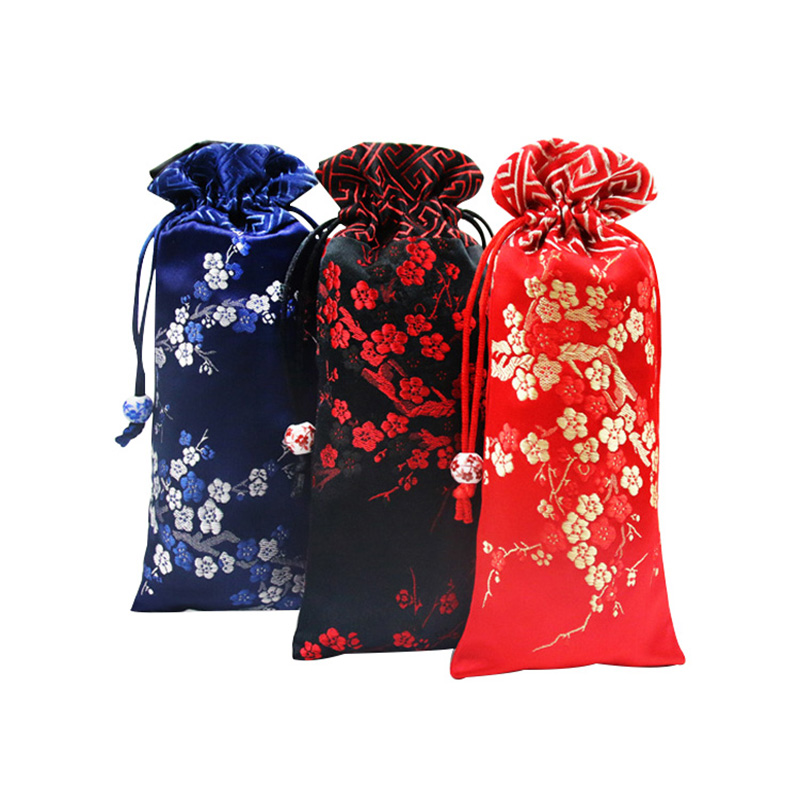 

Lengthen Cherry blossoms Patchwork Cloth Pouch Drawstring Silk Brocade Jewelry Necklace Gift Packaging Bag Comb Storage Pocket Phone Cover