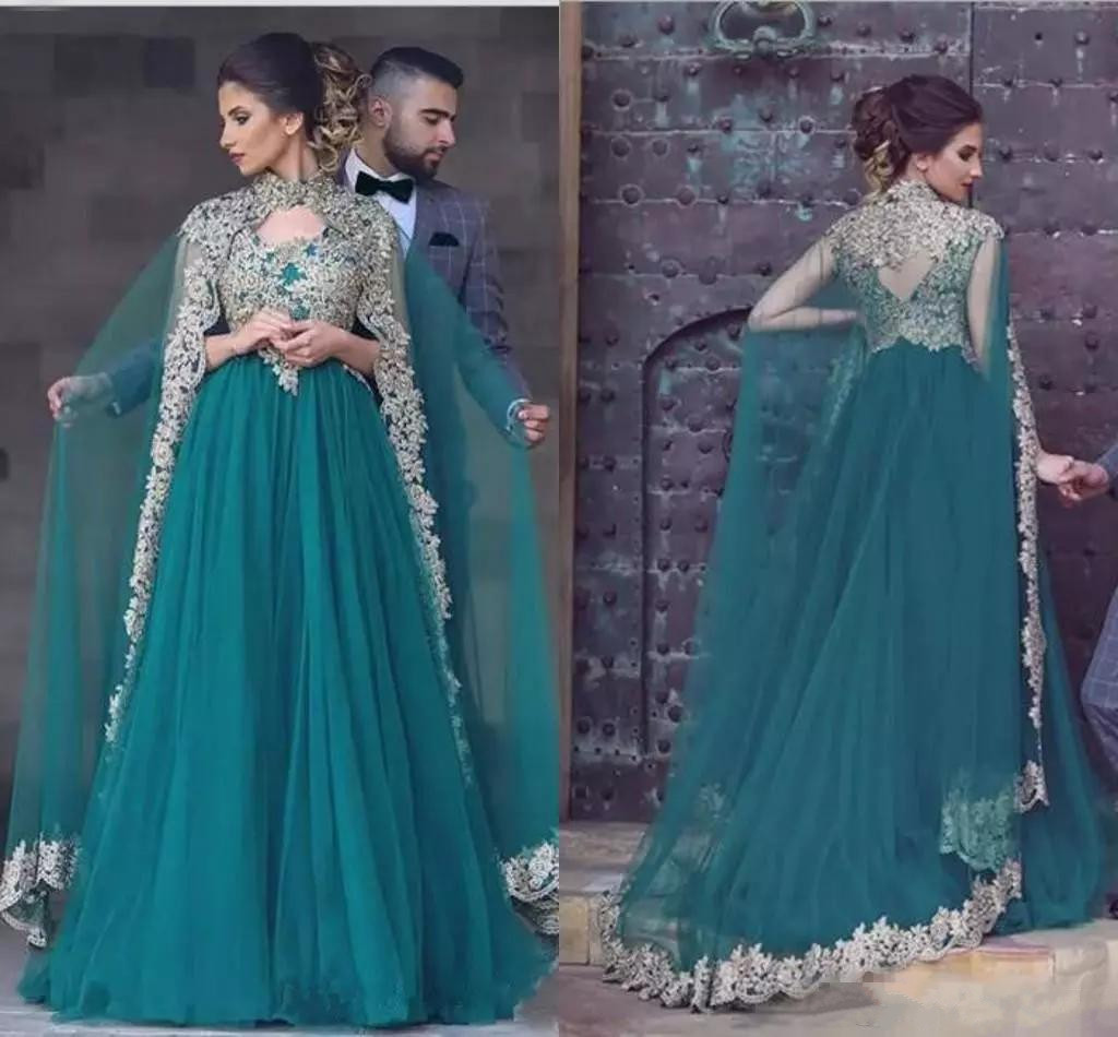 

New Hunter Green Arabic Evening Dresses Appliqued Lace High Neck Prom Gown Indian Custom Made Party Dress With Cape, Royal blue