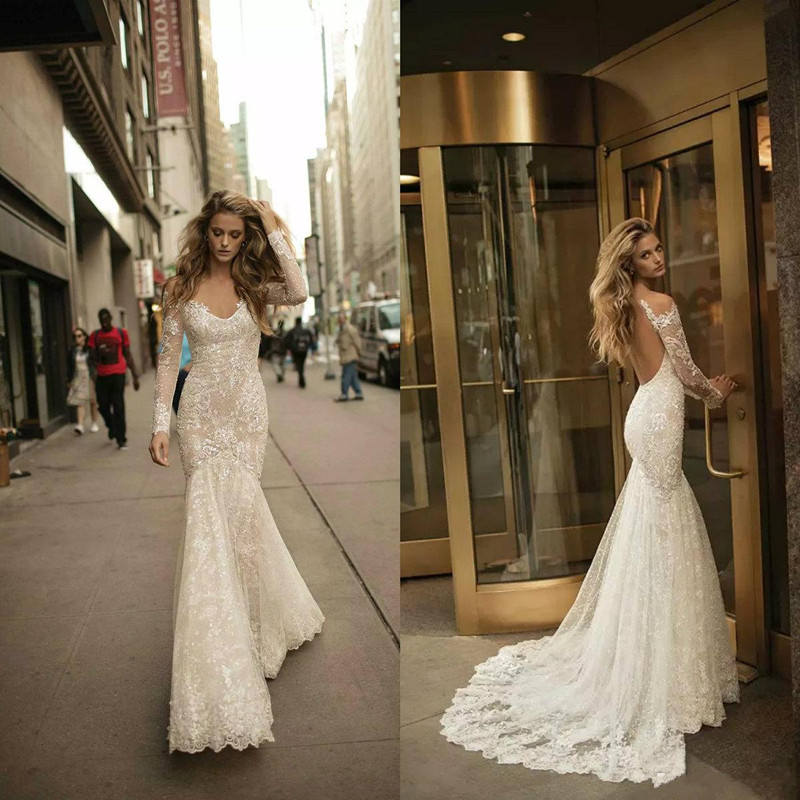 

Berta Mermaid Wedding Dresses Long Sleeve Sweep Train Wedding Gown Sexy V Neck Lace Applique Bohemian Bridal Dress, White