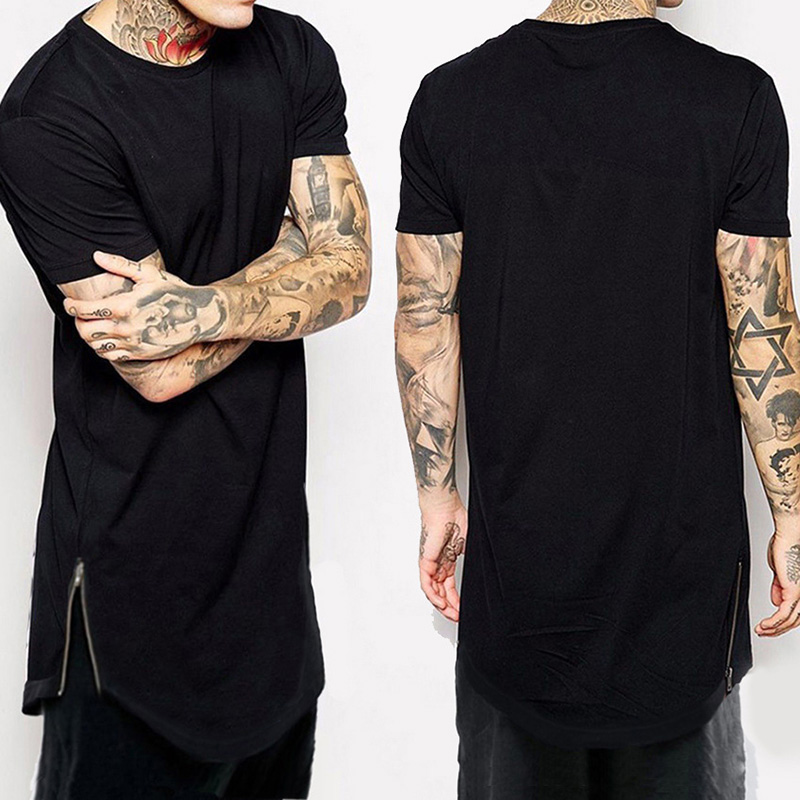 

New Clothing Mens Black long t shirt Zipper Hip Hop longline extra long length tops tee tshirts for men tall t-shirt