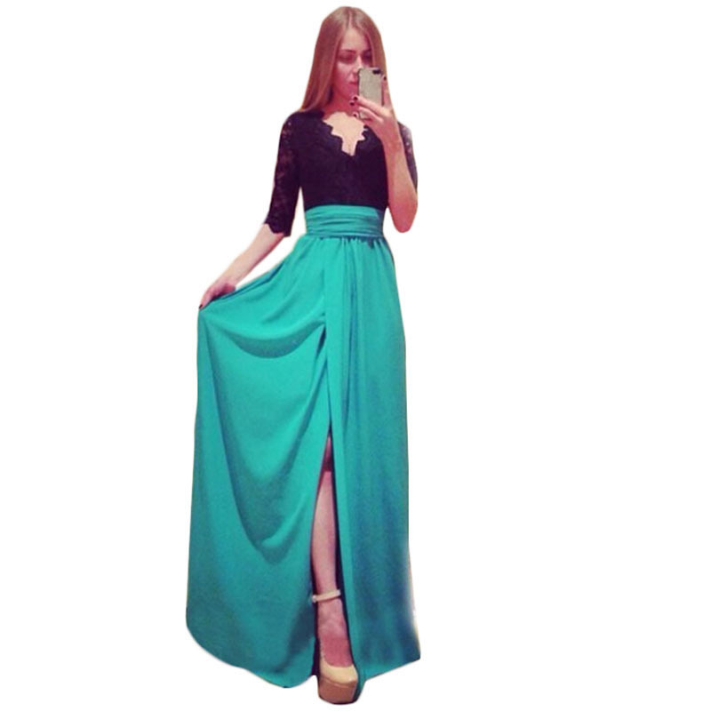 

Wholesale- Summer Dress Plus Size Clothing Maxi Dress Long New 2015 Summer Style Side Split Dresses Spliced Bandage Vestidos Dresses C170, Sapphire