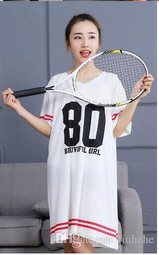 

female 's short-sleeved pajamas long t shirt wholesale loose V-neck cotton skirt fashion sports wind digital casual home clothing, Black;red