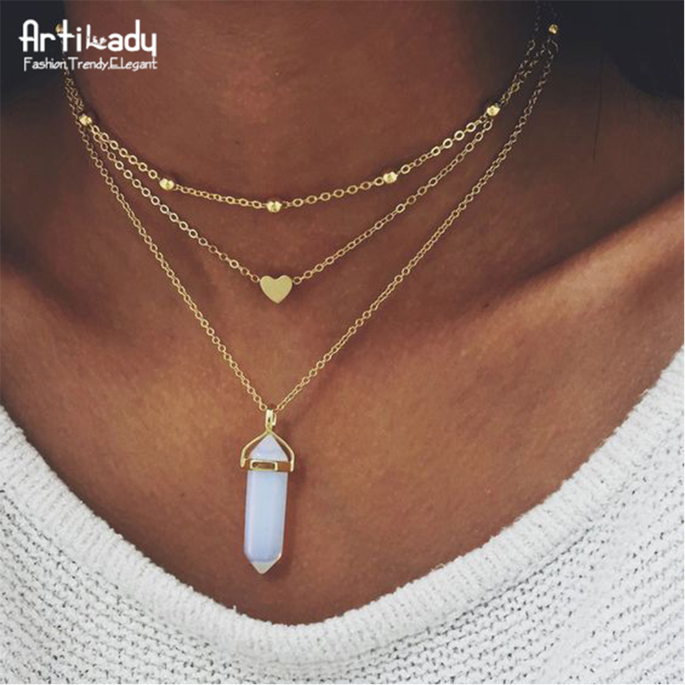 

Gold plated 3 layer opal necklace heart with multi Natural stone amethyst turquoise necklaces for women jewelry