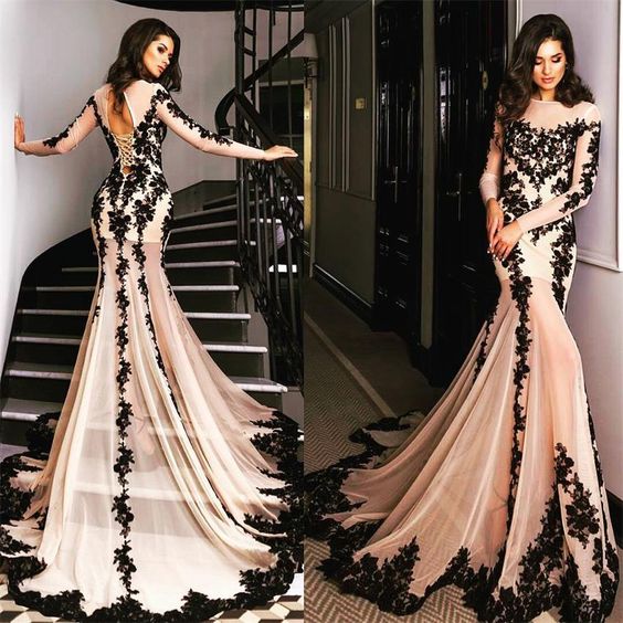 Arabe nue noir à manches longues Robes de soirée Sheer Bateau col ouvert Corset Retour dentelle femmes Prom Party Appliques Robes sexy Porter She