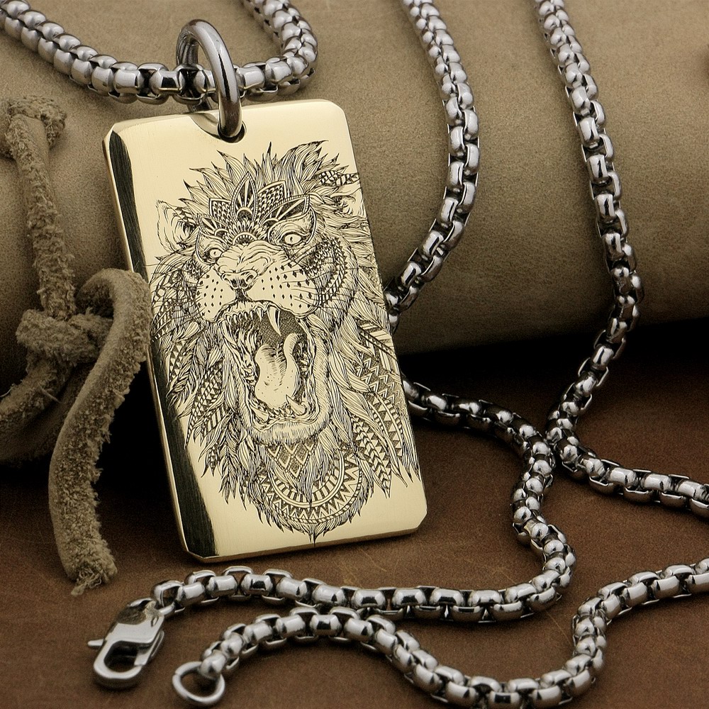 

LINSION High Detail Laser Deep Engraved Brass Roaring Lion King Pendant Biker Rock Punk Style 9X024B Steel Necklace 24 inches