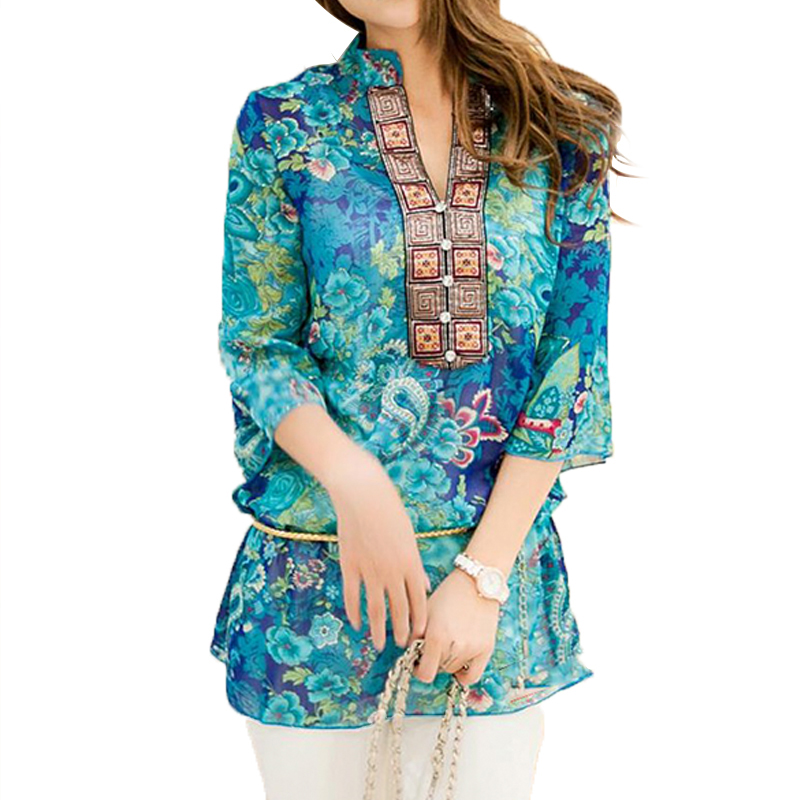 Nouvelle mode des femmes Chemisier style d'été Chemise en mousseline de soie femmes Robes Mini robe Plus la taille 4XL floral Hauts Casual Blusas