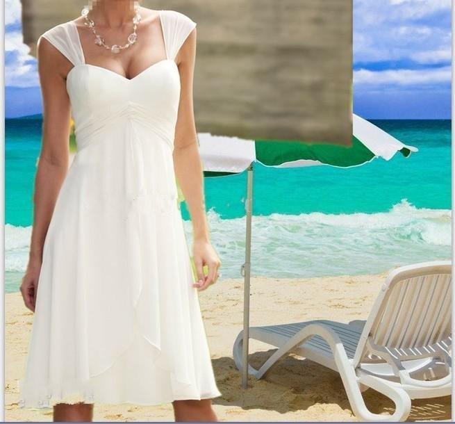 

2017 Cap Sleeves Sweetheart Beach Wedding Dresses Pleated Empire Waist Knee Length Chiffon Casual Short Bridal Gown Custom Made, Ivory