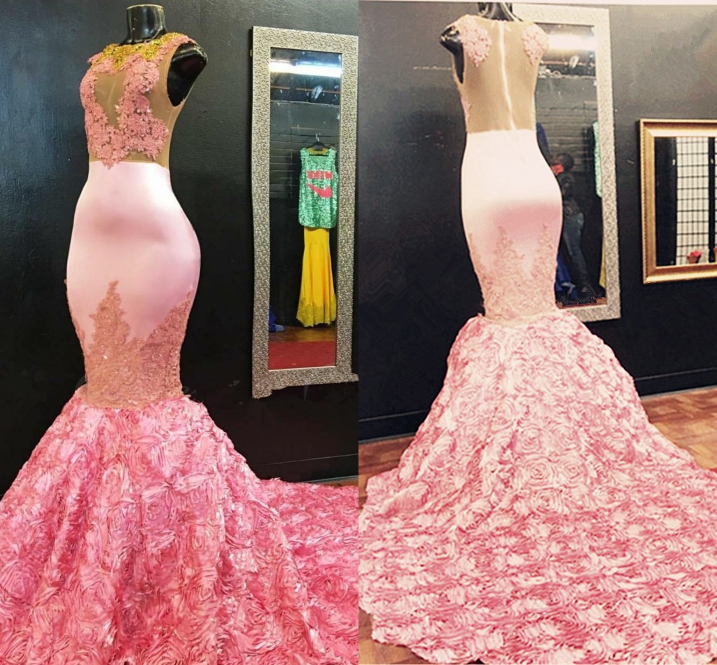 Pink Mermaid Prom Dresses Jewel Neck Sleeveless Illusion Appliques Rose Flowers Satin Plus Size Evening Gowns Party Dresses