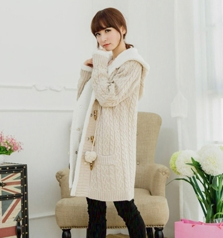 

Wholesale- Christmas long section of cashmere knit thickened Korean large cap code twist sweater cardigan coat winter, Beige