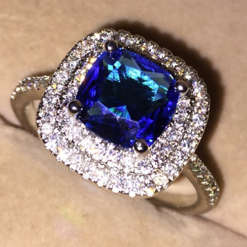 

Fashion 10KT white gold filled jewelry Blue CZ 2 Surround Pave setting Simulated Diamond gemstone Rings Wedding Band Rings finger For Women