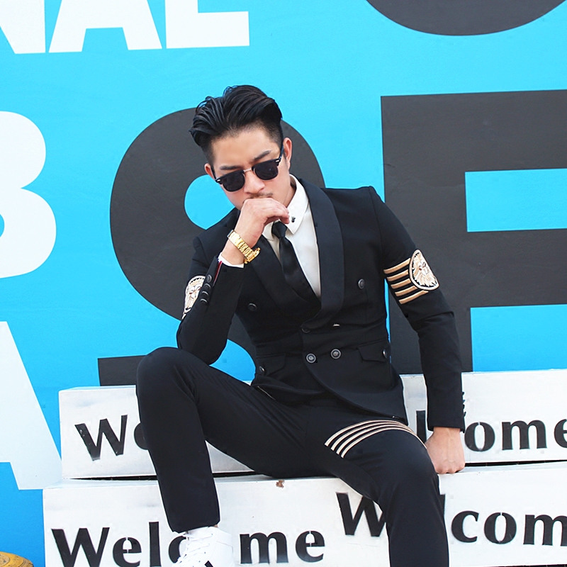

Wholesale- Trend men prom suits terno masculino Men' stage suits performance costume tuxedo costume homme double breasted men suit, Black