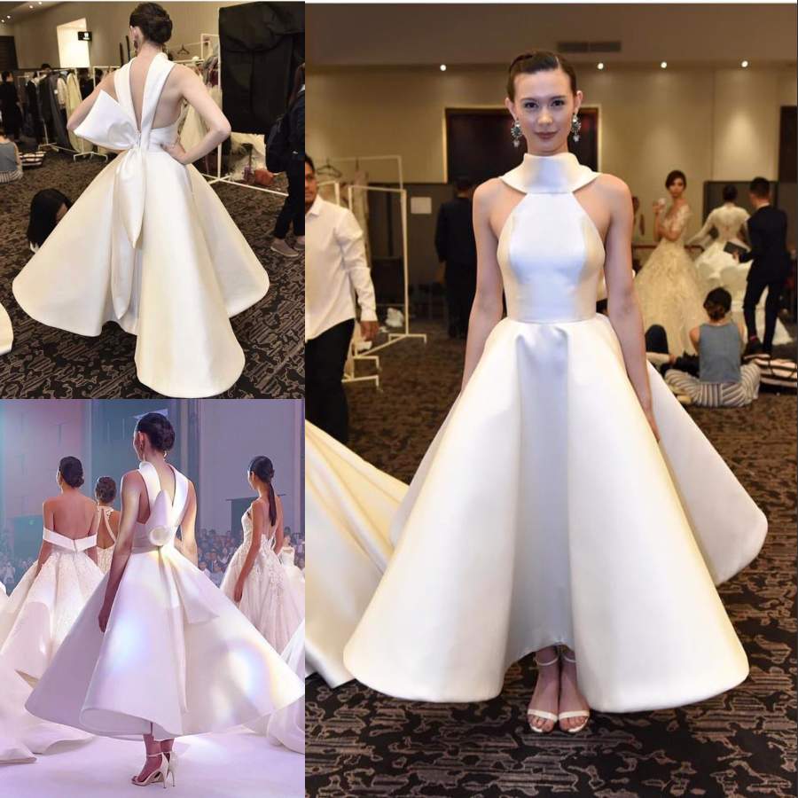 

ivory backless wedding dresses with bow halter neck aline short bridal gowns ankle length satin pus size wedding dress