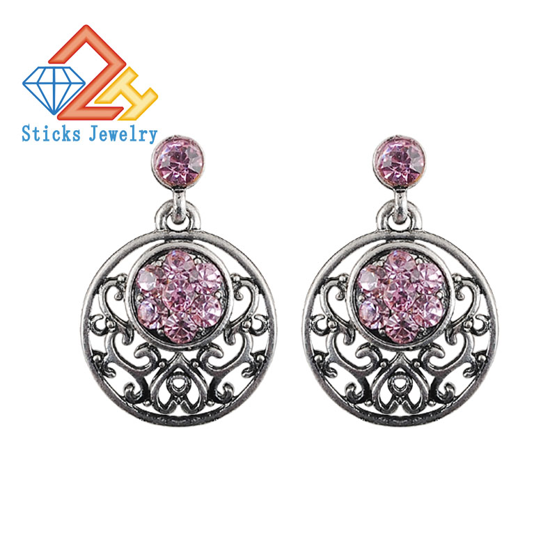 

Rhinestone Dangle Earrings Plated Ancient Silver Alloy Retro Hollow Lady Earrings
