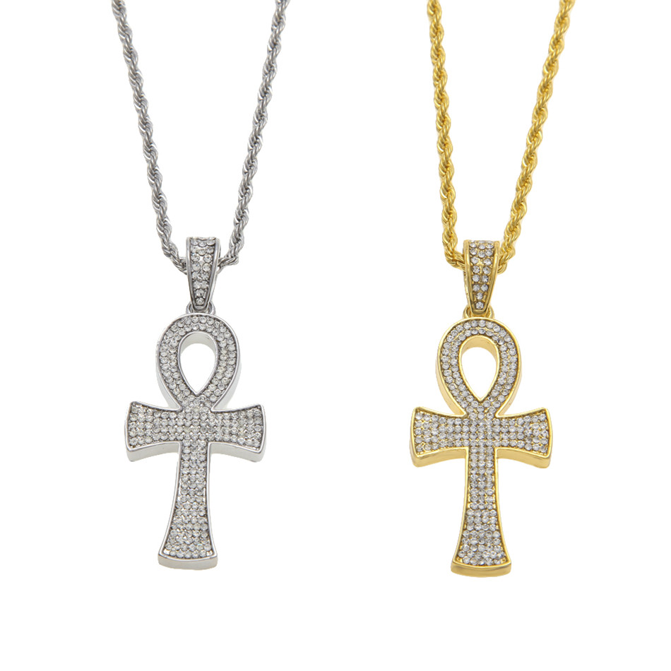 

Egyptian Ankh Key of Life Gold Silver Cross Pendant Necklace Chain Bling Full Rhinestone Crystal Cross Pendant Punk Jewelry