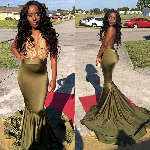 Sexy Long Bal Robe De Dep De Deep V cou sans manches Dentelle Stretch Satin Très longueur Satin Black Girl Sirène Robes de bal africaine 2021