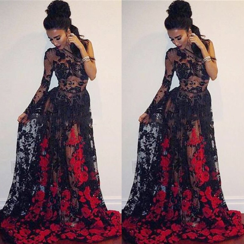 

Sexy See Through Prom Dresses Black And Red Lace Appliques Evening Gowns South African Sweep Train Formal Party Vestidos Custom Made