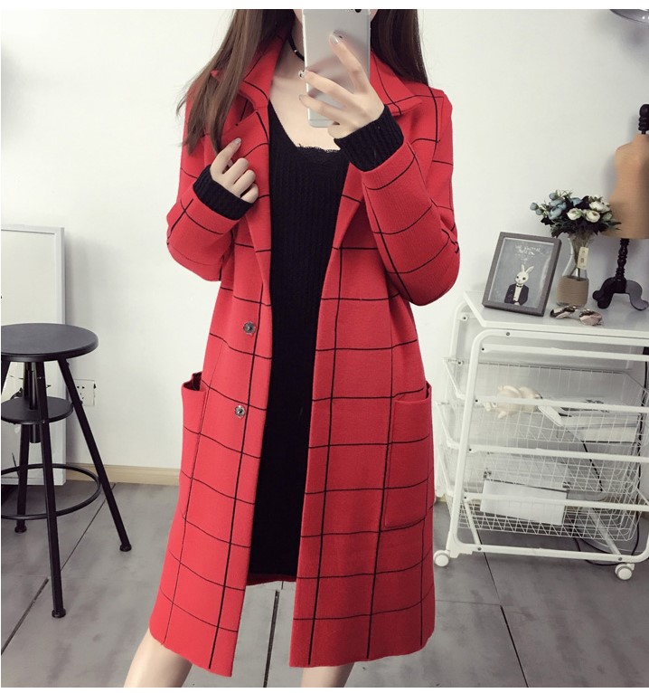 Wholesale- 2016 New hot selling women's autumn coats girls casual fashion Korean design plaid cardigans red navy lady long outerwears #H583
