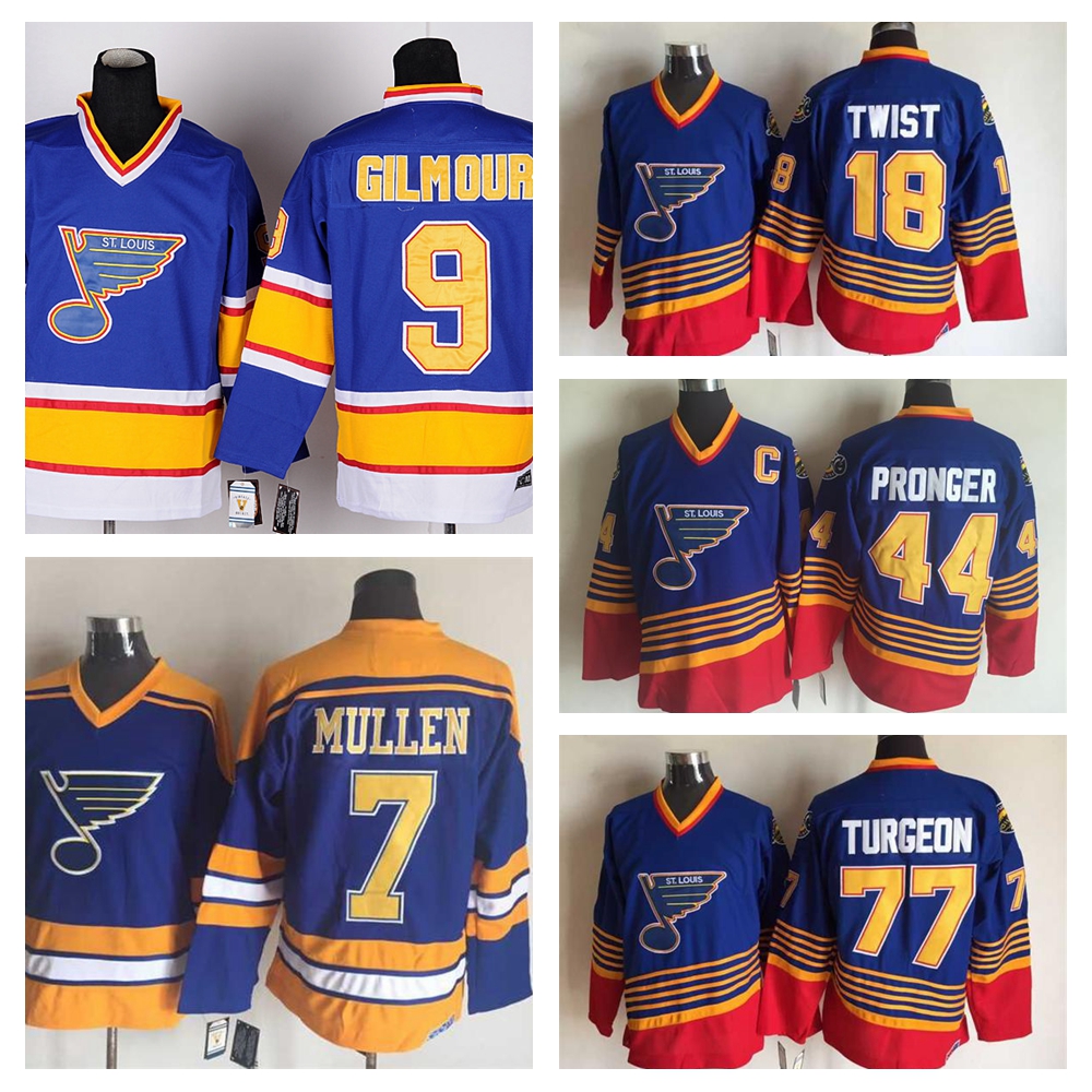 

St. Louis Blues Hockey Jerseys CCM Vintage 9 Doug Gilmour 44 Chris Pronger 18 Tony Twist 77 Pierre Turgeon 7 JOE MULLEN Jersey, 1996 blue 18