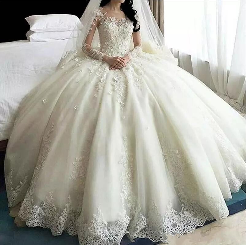 

2018 Hot Sale Dubai Luxury Crystal Flowers Ball Gown Wedding Dresses Long Sleeve Muslim Wedding Dress Arab Wedding Gowns See Through Back, Same as image