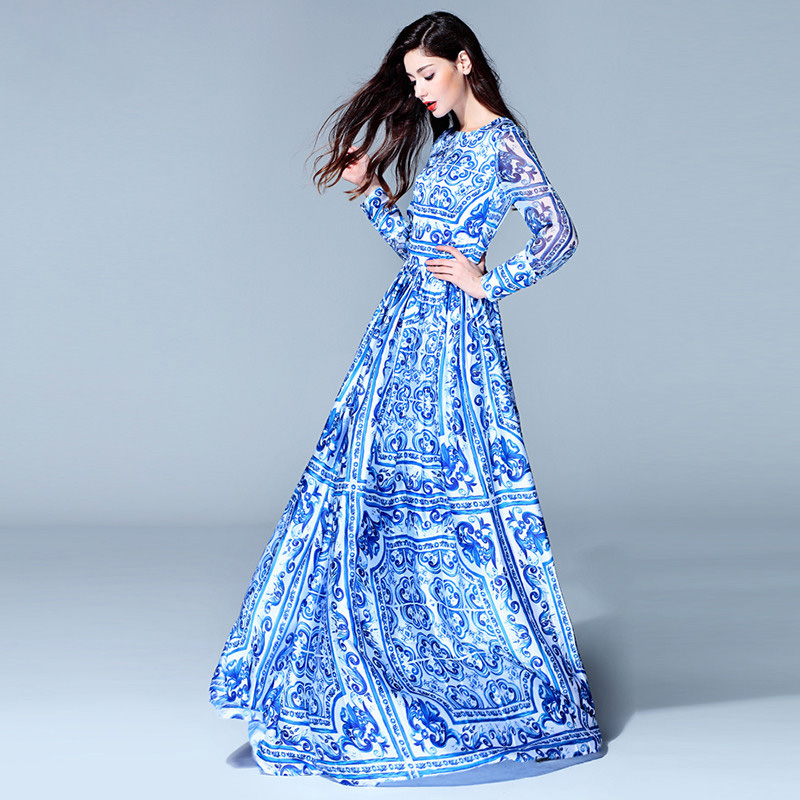 HIGH QUALITY New 2020 Fashion Women's Long Sleeve Vintage Blue And White Print Dress Brand Maxi Dress-image-399263688
