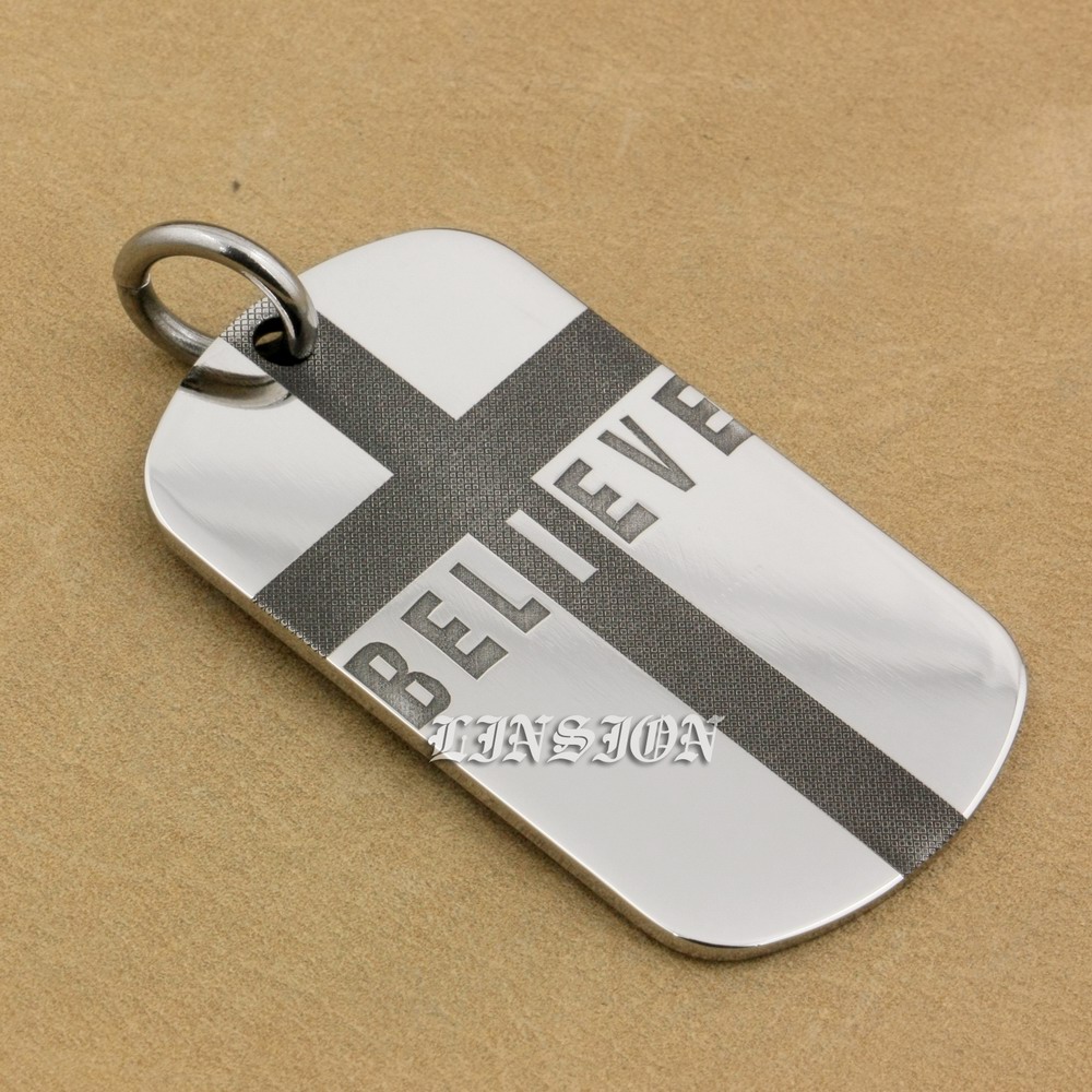 

LINSION Solid 316L Stainless Steel High Detail Deep Laser Engraved Believe Cross Customized Charms Pendant 9X218 JP