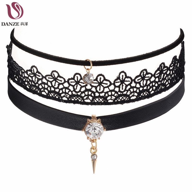 

Wholesale- Danze 3 Pcs Set Steampunk Crystal Stone Pendant Leather Necklaces For Women Vintage Lace Choker Necklace Fashion Jewelry Collar