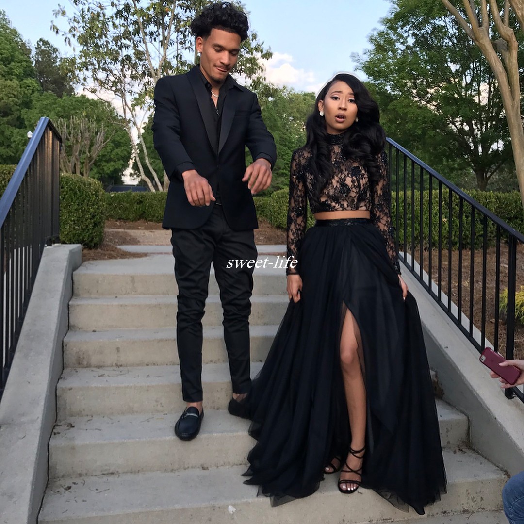 Two Piece Black Prom Dresses Lace Long Sleeves A-Line Tulle Side Split Evening Gowns 2020 Cheap Sexy Girls Occasion Party Dress