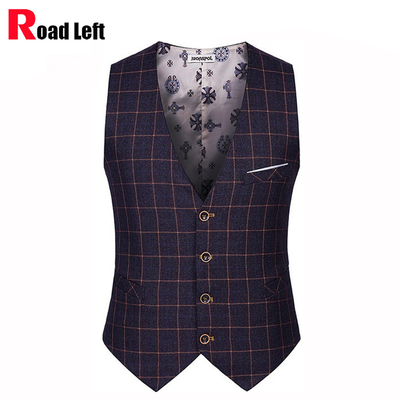 

Wholesale- British Preppy Style Men's Business Casual Suit Vest Men Slim Plaid Dress Vests Male Single Breasted Sleeveless Waistcoat Jacket, 917