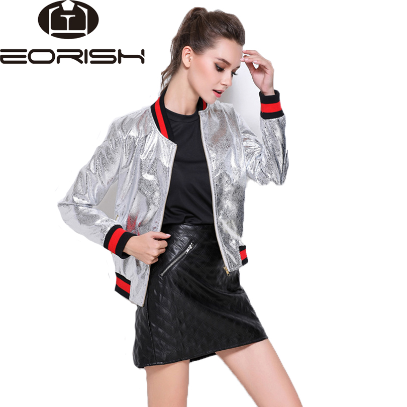 

Wholesale- Bomber Jacket Women 2017 New Spring Autumn Slilver Gold Casaco Feminino Casual Short Jacket Female