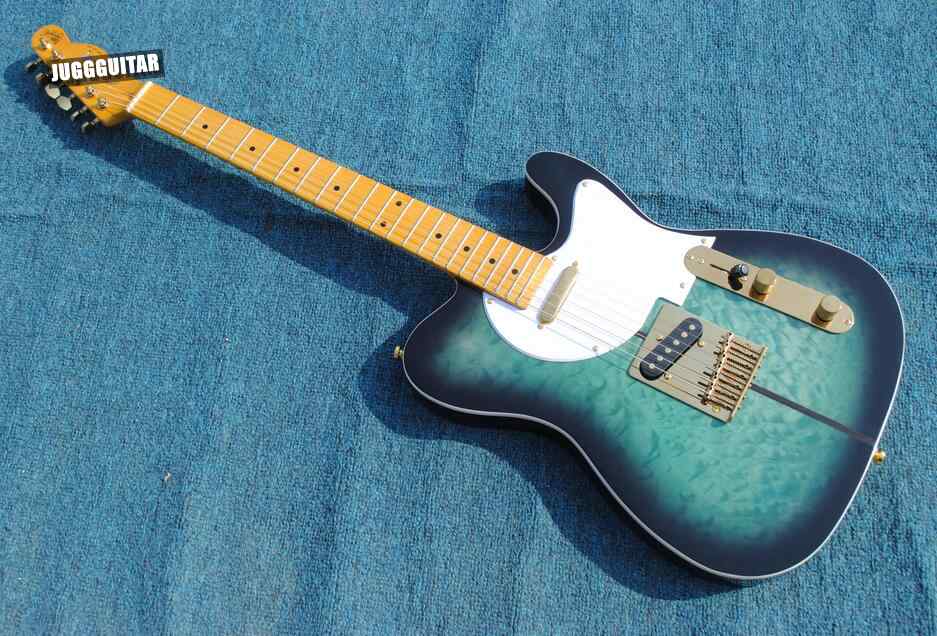 

New Arrival Merle Haggard Signature Tuff Dog TL Tele Caster Green Blue Sunburst Electric Guitar Quilted Maple Top Yellow Neck Gold Hardware
