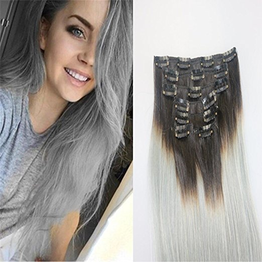 

7Pcs 120g Color #1b/Grey 14''-26''Two tone Extensions Ombre Clip in Remy Human Hair Extensions Full Head Ombre Hair Extensions, 1b/grey