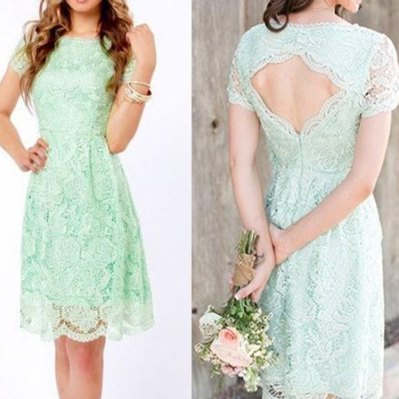 

Country Vintage Mint Green Wedding Dresses Bateau Short Sleeves Bridesmaid Dresses Knee Length Backless Lace Zipper Maid of Honor Gowns