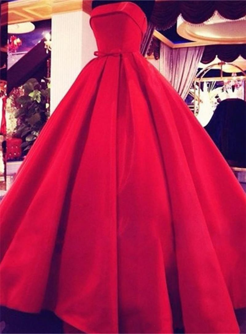 

2017 Prom Dresses Red Strapless Ruched Backless Floor Length Satin Ball Gown Ruffy Vestidos De Fiesta Sash Bow Party Dress Evening Gowns, Water melon