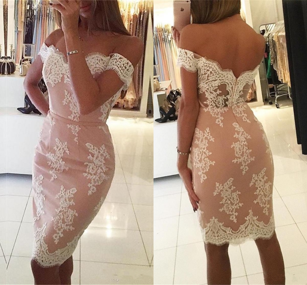 

New 2018 Elegant Lace Off The Shoulder Short Homecoming Dresses Pink Inner and Ivory Lace Applique Satin Party Dresses, Burgundy