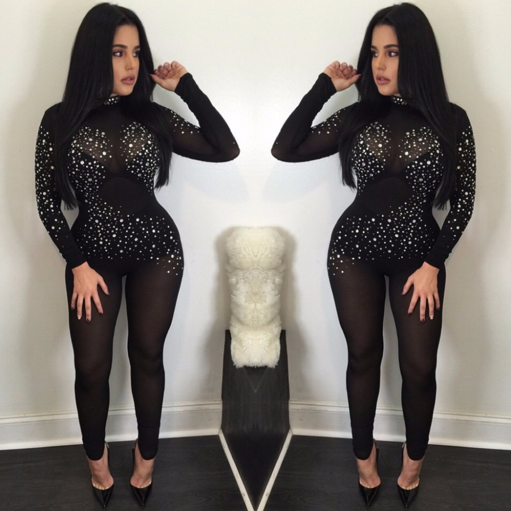 Wholesale- 2016 Rompers Womens Jumpsuit Casual One Piece Long Sleeve mesh sexy Jumpsuit Autumn Winter Black sequins Overalls Bodysuit-image-397120987