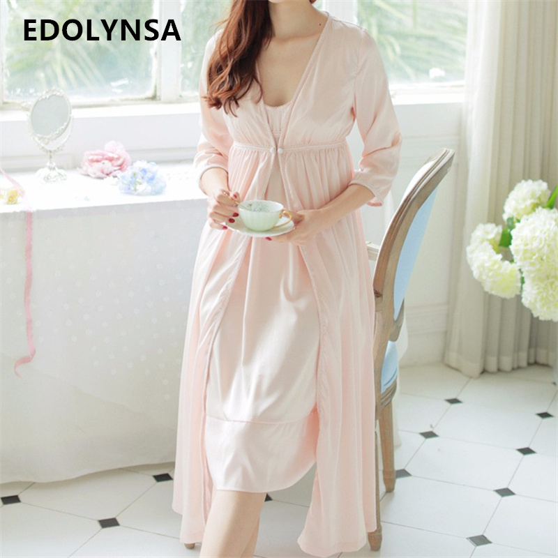 

Women's Sleepwear Wholesale- Arrivals Silk Nightgown Robes Set Bathrobe Sets Vintage Nightdress Bridesmaid Peignoir Wedding Robe #H137, Pink