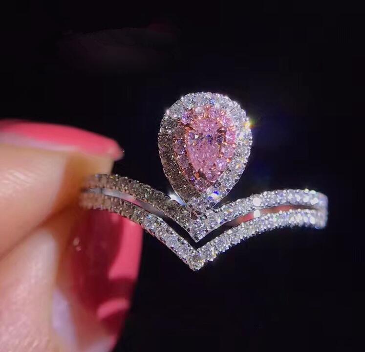 

Wholesale New Women Luxury Jewelry 925 Sterling Silver Pear Cut Pave Setting Pink Sapphire CZ Diamond Gemstones Wedding Bridal Ring Set Gift
