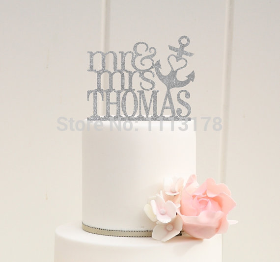 Vente en gros - Glitter Mr et Mrs Wedding Cake Topper avec VOTRE nom de famille Heart Anchor Nautical Beach Toppers